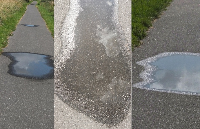 Abb. 1 Links: Flacher Blick auf eine Wasserpfütze: reflektierter Himmel und...