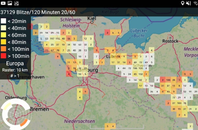 Abb. 1 Beispiel  einer Gewitterfront in Norddeutschland mit kleinem Raster und...