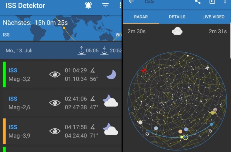 Abb. 1 Links ein Screenshot der Beobachtungszeitpunkte, rechts die Flugbahn der...