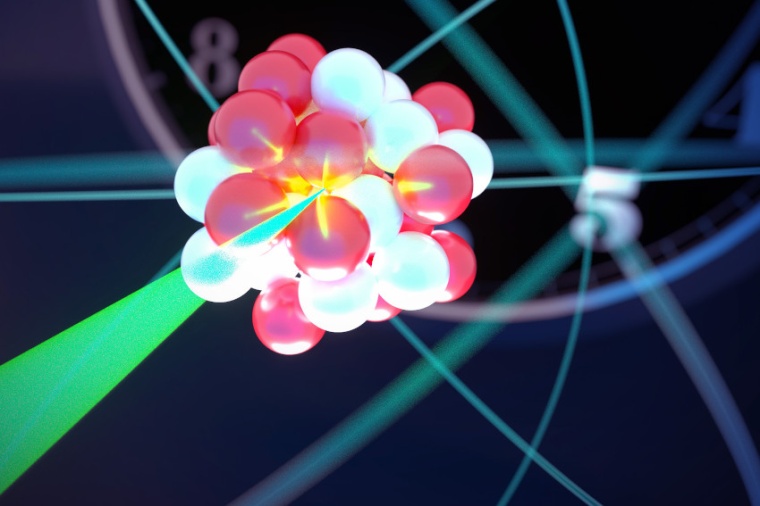 Abb.: Illustration der Laserabfrage eines hochgeladenen Uhren-Ions. (Bild: PTB)