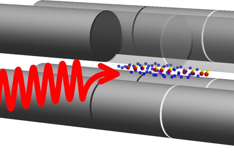 Abb.: Schema des Experiments: Molekülionen in einer Ionenfalle werden mit...