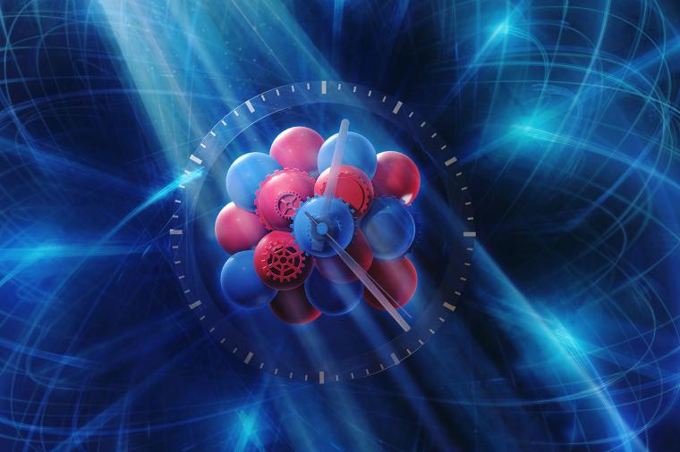 Künstlerische Darstellung der Scandium-Atomkernuhr.